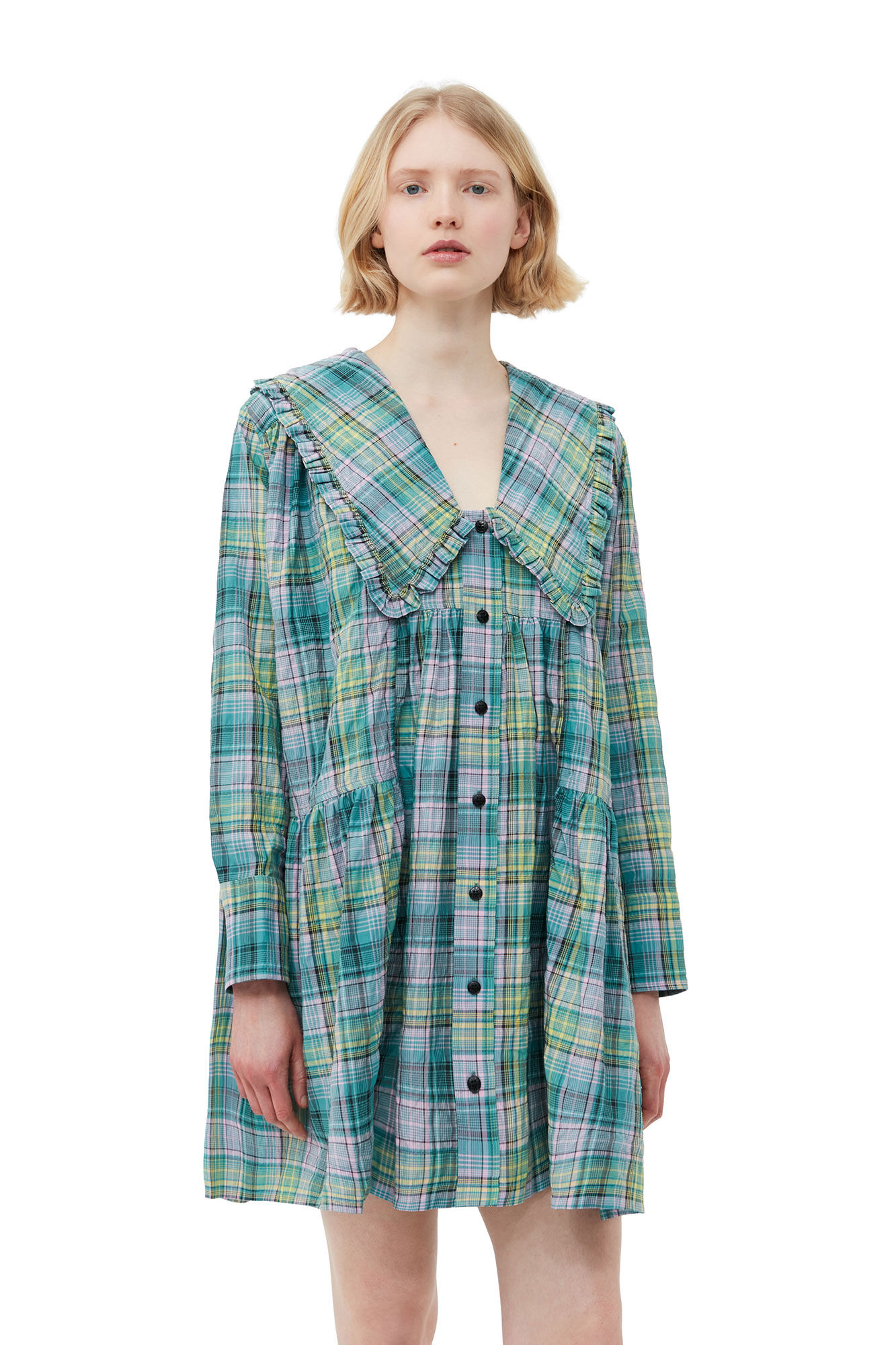 Kariertes, weites Seersucker-Hemdkleid, Organic Cotton, in colour Lagoon - 4 - GANNI