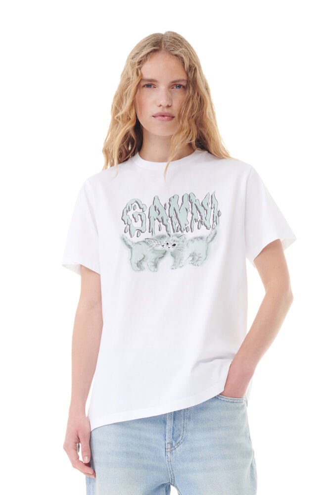 GANNI Basic Jersey Love Cats Relaxed T-shirt,Bright White