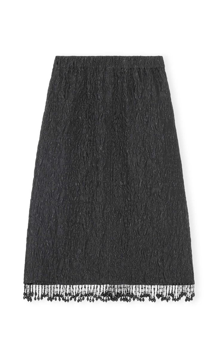 Jacquard Organza High Waist Fringe Midi Skirt, Polyamide, in colour Black - 1 - GANNI