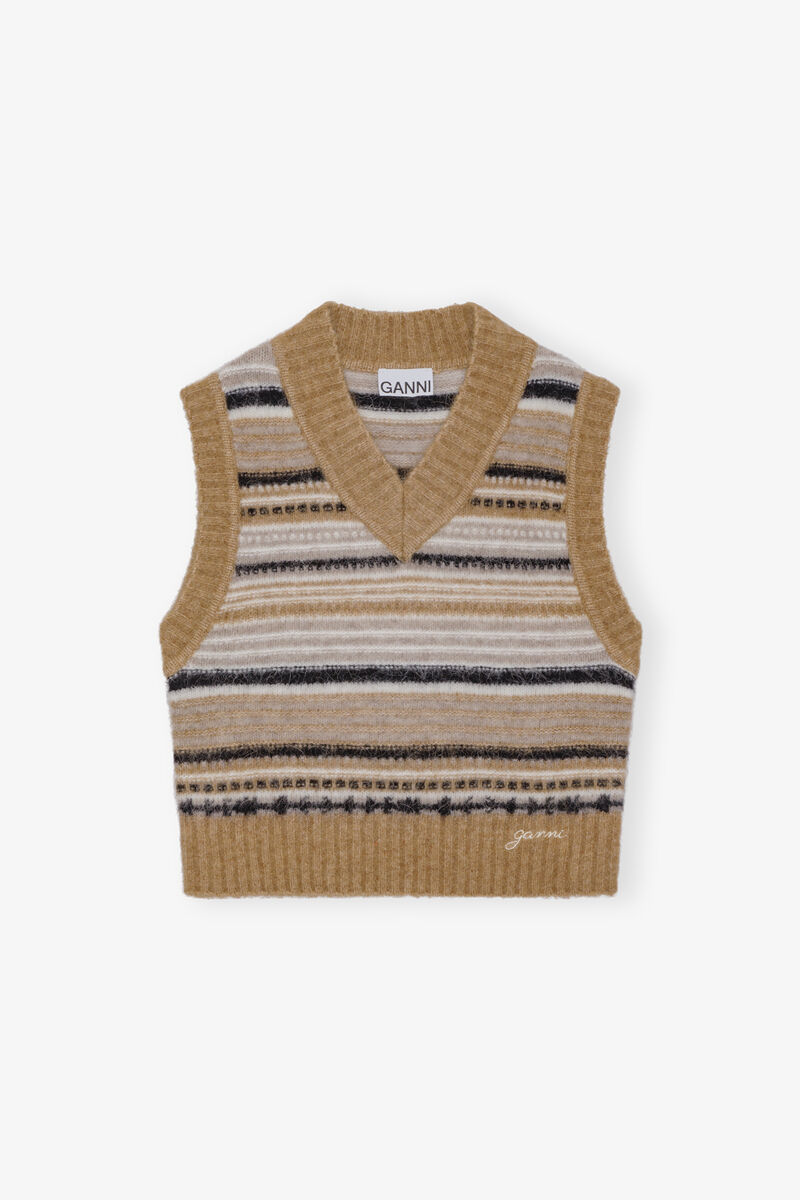 Soft Wool Stripe Vest, Alpaca, in colour Tiger's Eye - 1 - GANNI