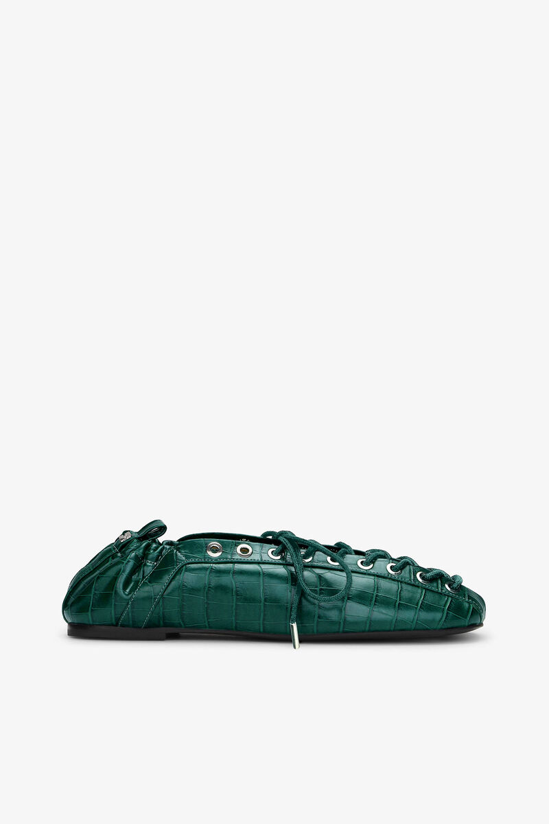 Lace-Up Ballerinas in Green Croco, Recycled Leather, in colour Pineneedle - 1 - GANNI