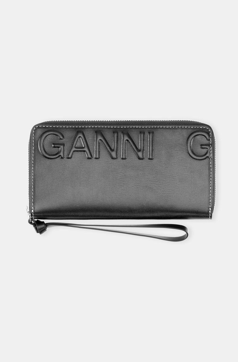 Banner Compartment Zip Around Wallet, Leather, in colour Black - 1 - GANNI