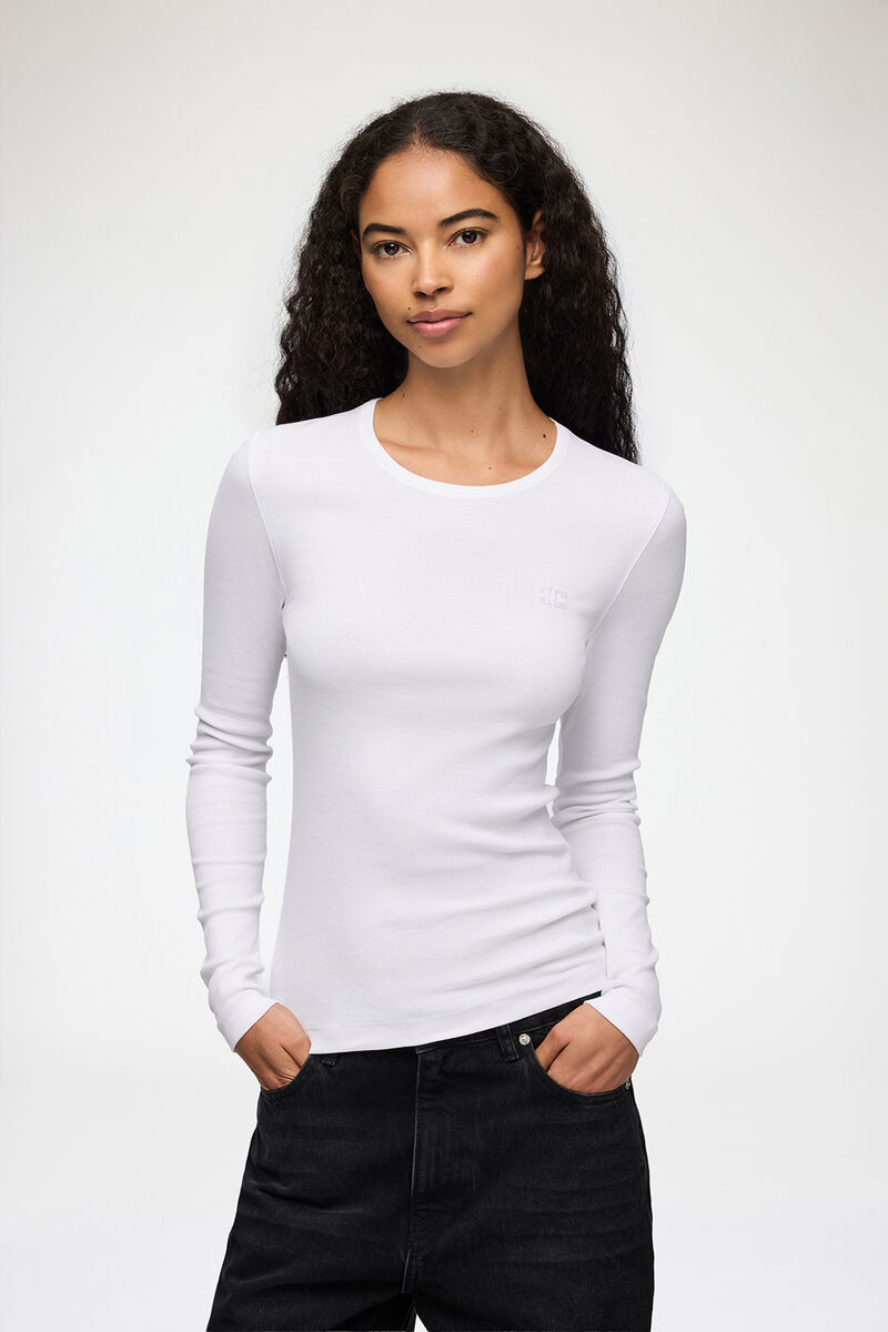 Rib Long-sleeve Top, Organic Cotton, in colour Bright White - 1 - GANNI