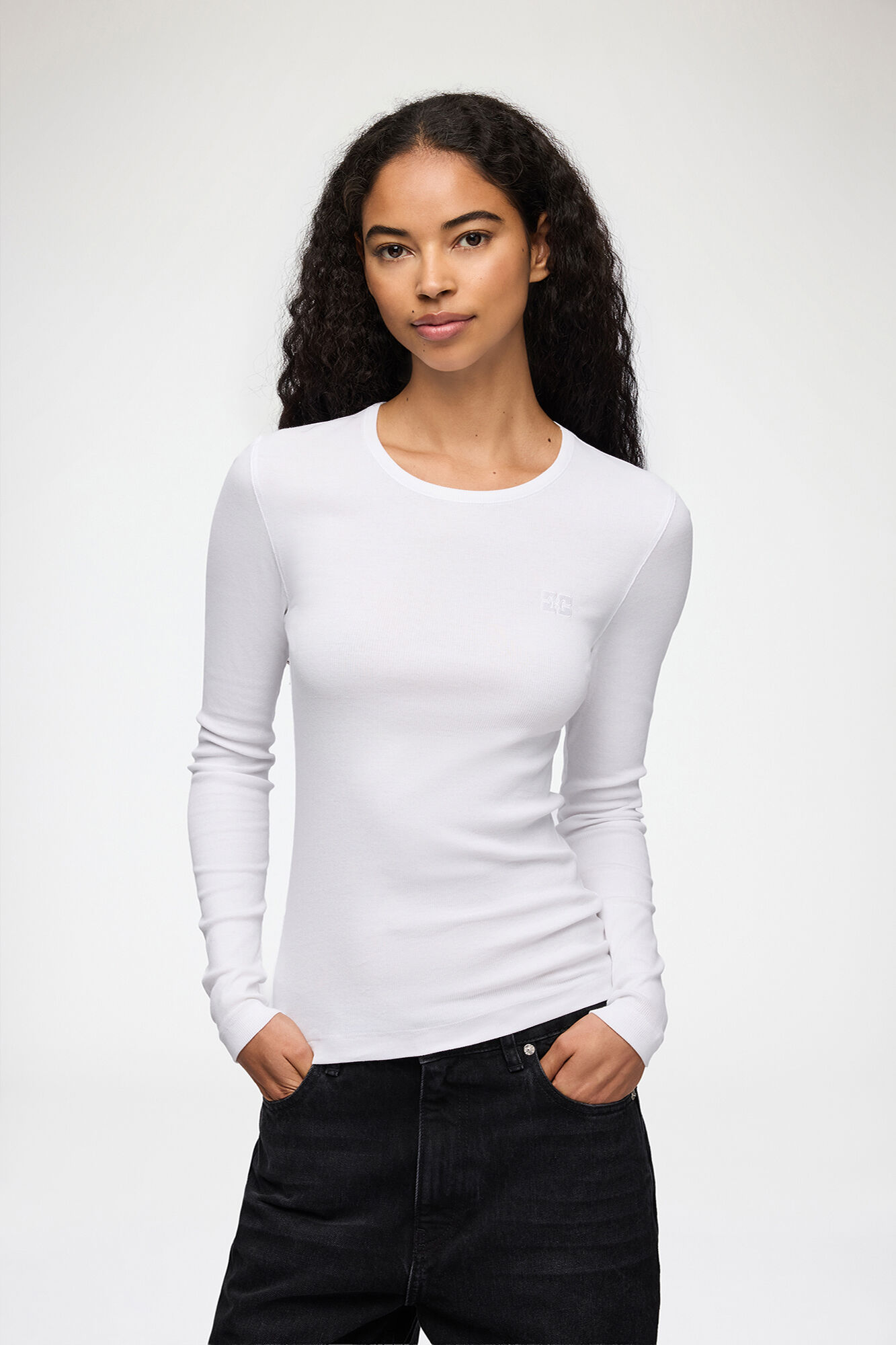 Rib Long-sleeve Top, Organic Cotton, in colour Bright White - 1 - GANNI