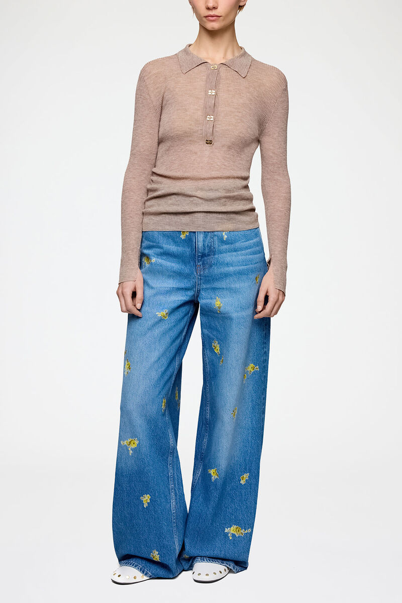 Polo Shirt in Sheer Wool, Wool, in colour Safari - 1 - GANNI