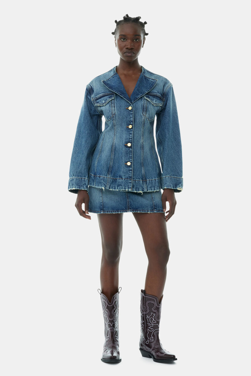 Sparkle Logo Denim Fitted Blazer, Cotton, in colour Tint Wash - 2 - GANNI