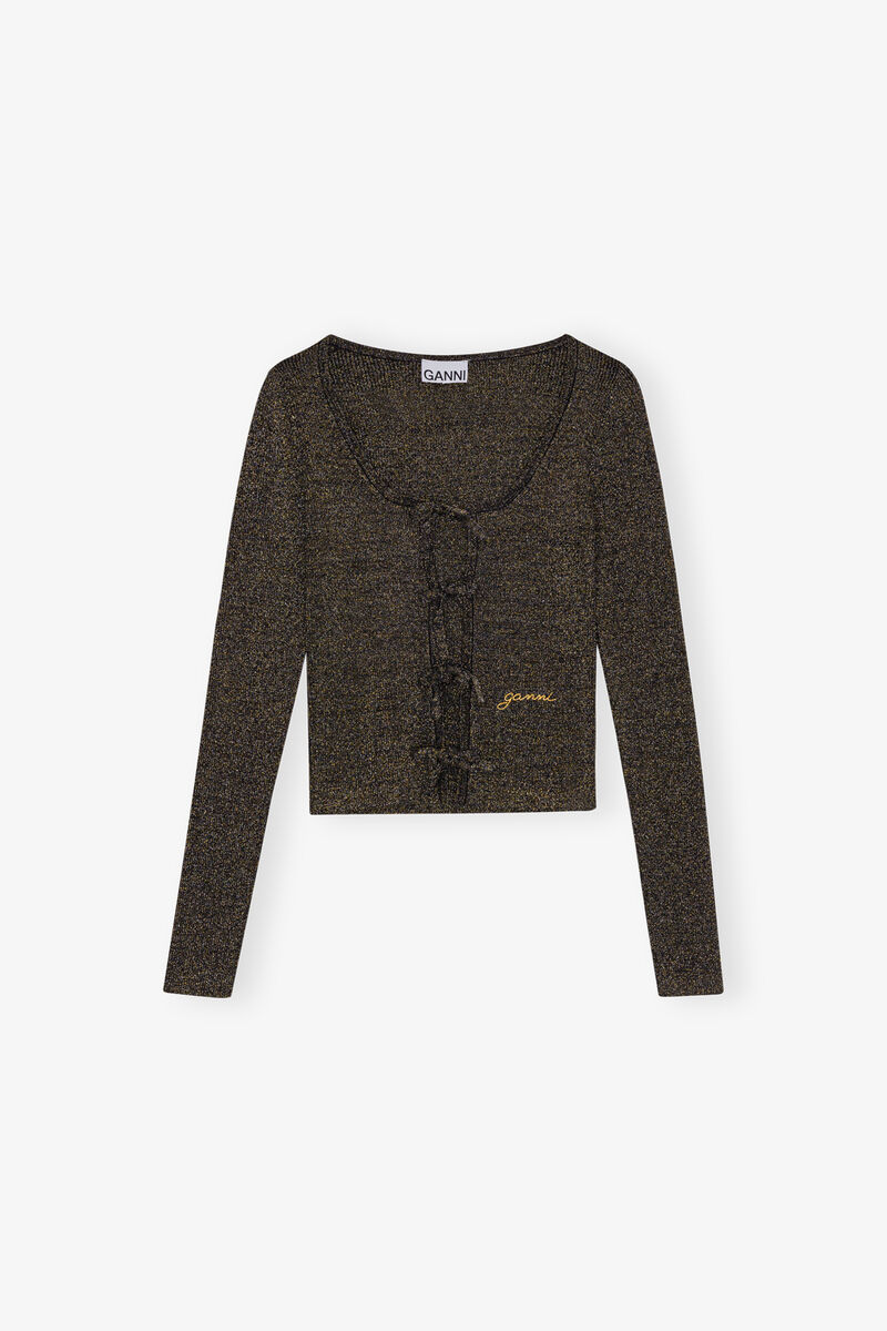 Black and Gold Sparkle Tie String Cardigan, Elastane, in colour Multicolour - 1 - GANNI