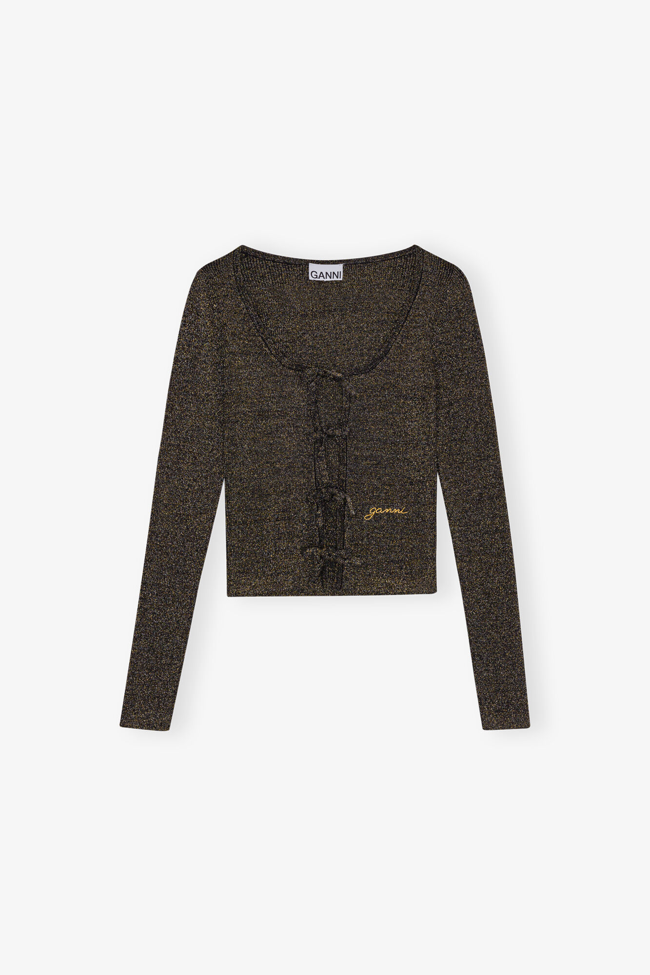Black and Gold Sparkle Tie String Cardigan, Elastane, in colour Multicolour - 1 - GANNI