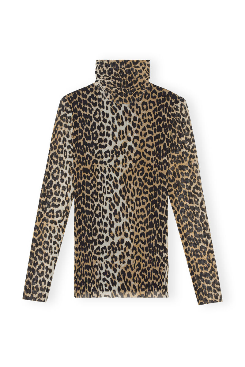 Gjennomsiktig, høyhalset mesh-genser, Recycled Nylon, in colour Leopard Seedpearl - 1 - GANNI
