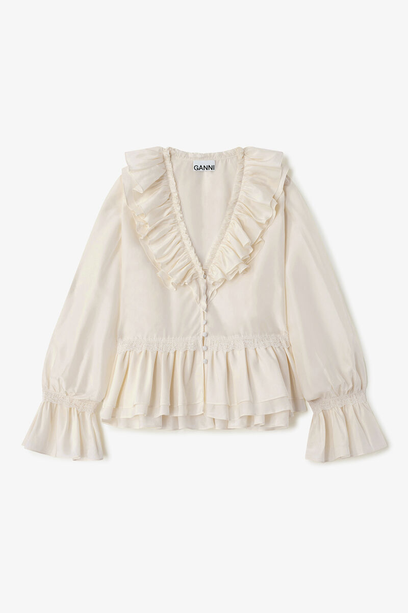 Blouse in Viscose Silk, Viscose, in colour Egret - 1 - GANNI