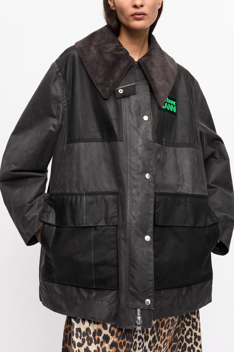 GANNI x Barbour Waxed Duffle Coat, Organic Cotton, in colour Phantom - 2 - GANNI
