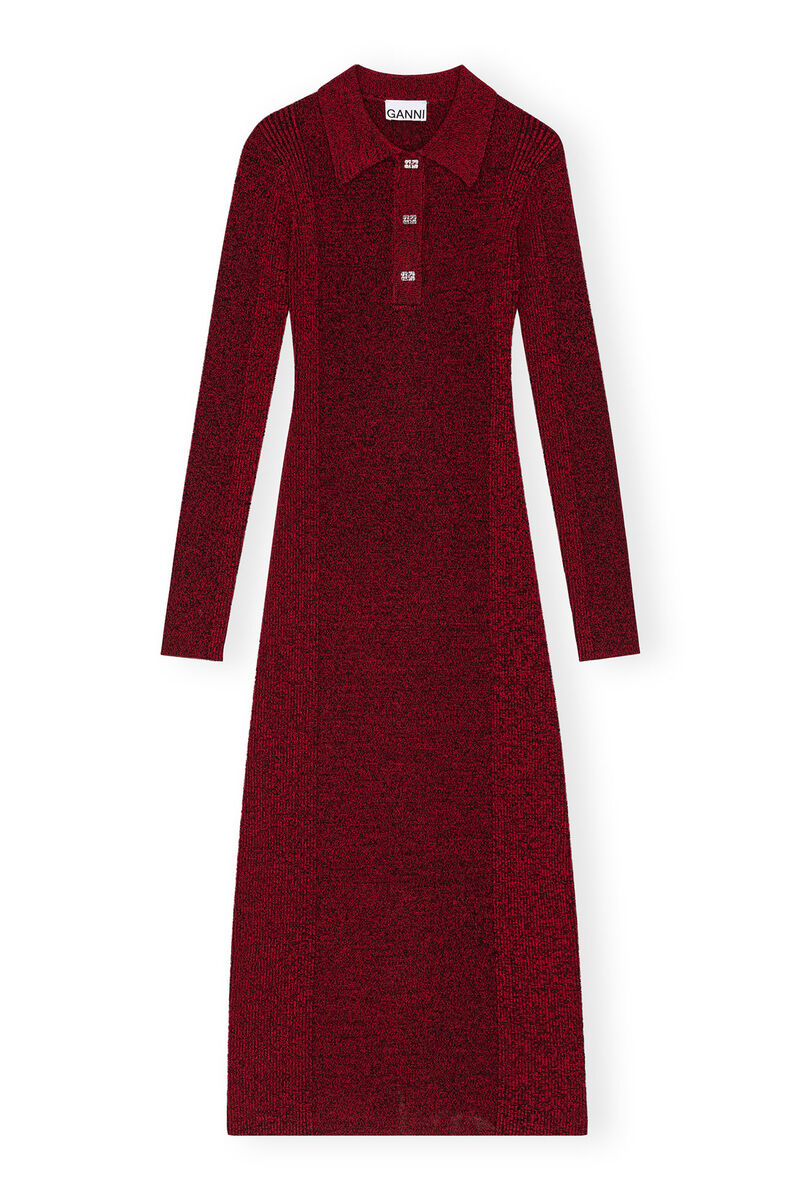 Red Melange Rib Polo Dress, Elastane, in colour High Risk Red - 1 - GANNI
