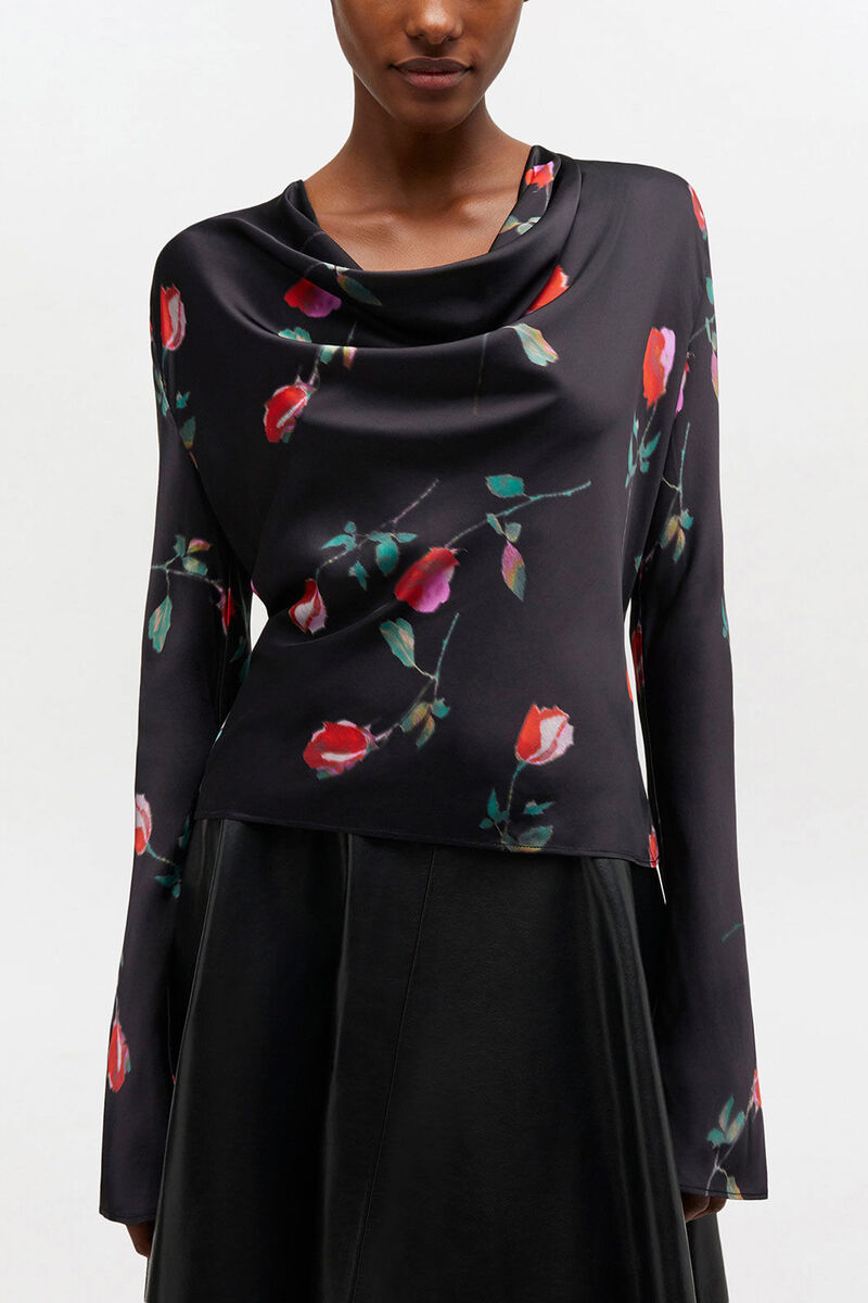 Printed Satin Blouse, Viscose, in colour Black - 1 - GANNI
