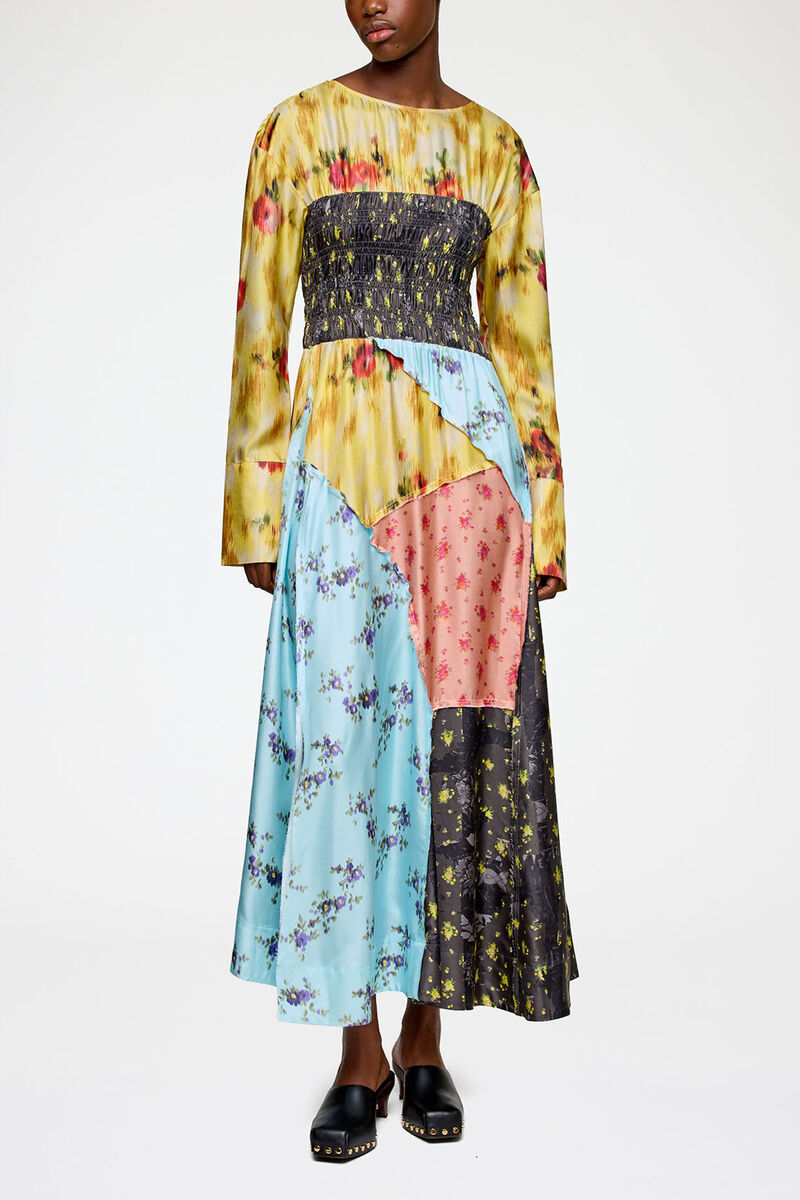 Dress in Multi Printed Silk, Organic Wool, in colour Iced Aqua - 1 - GANNI