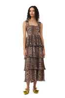 Robe Leopard Pleated Georgette Flounce Smock Midi, Recycled Polyester, in colour Almond Milk - 1 - GANNI
