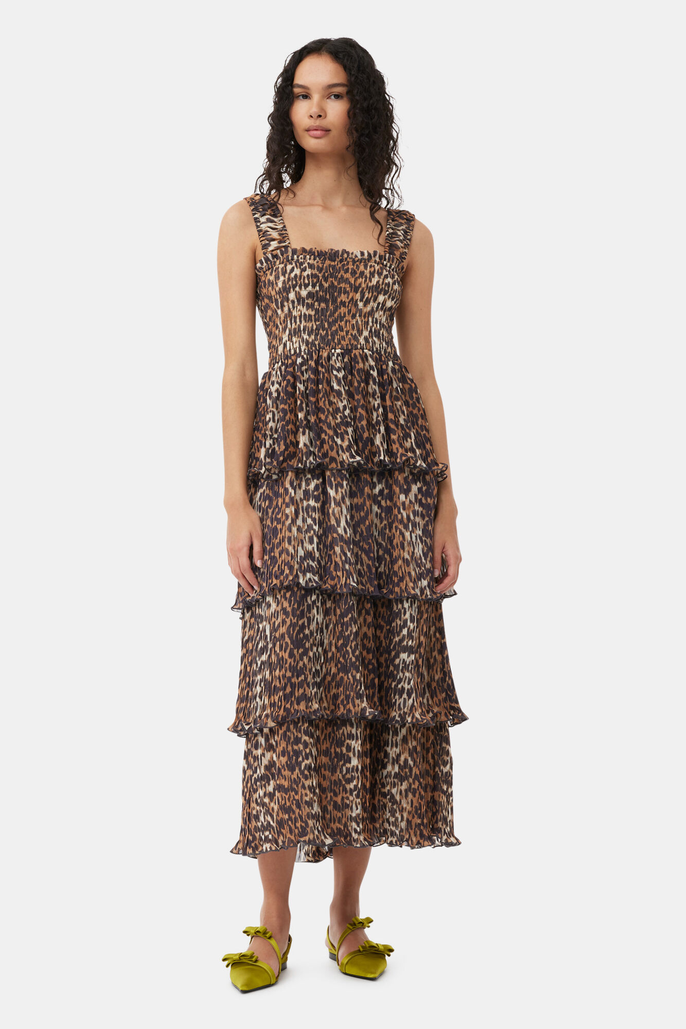 Ganni Leopard Pleated Georgette Flounce Smock Midi Dress