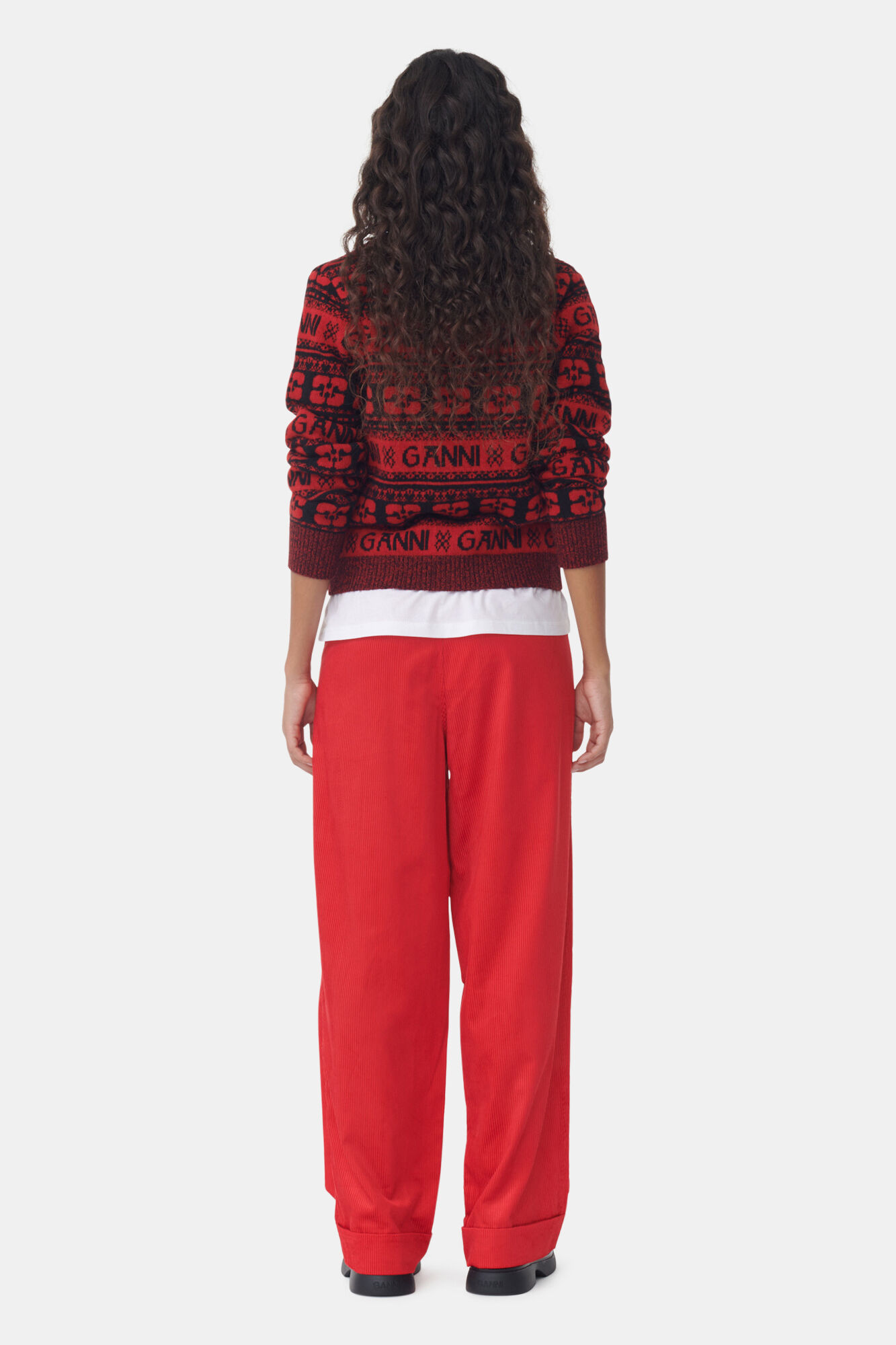 Red Shiny Corduroy Loose Pleat Trousers, Organic Cotton, in colour High Risk Red - 3 - GANNI