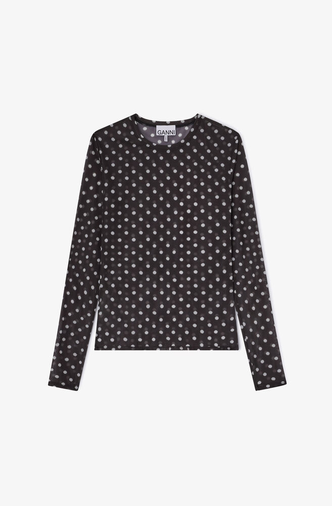 Gennemsigtig langærmet top med print, Black