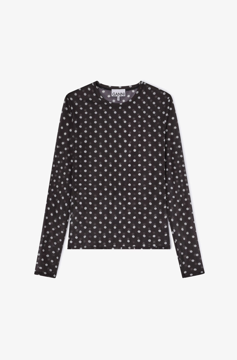 Printed Sheer Longsleeve Top, in colour Black - 1 - GANNI