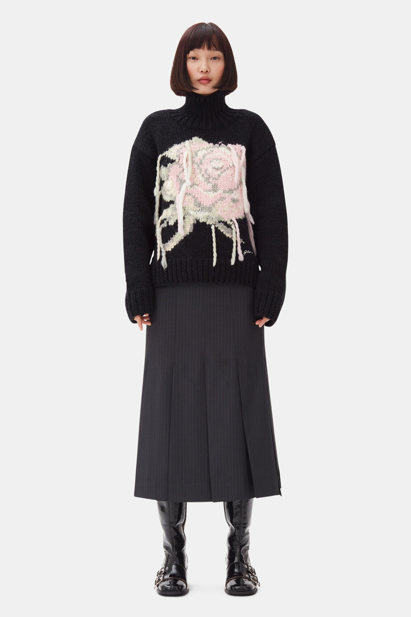Black Handknit Turtleneck Jumper, Wool, in colour Black - 2 - GANNI
