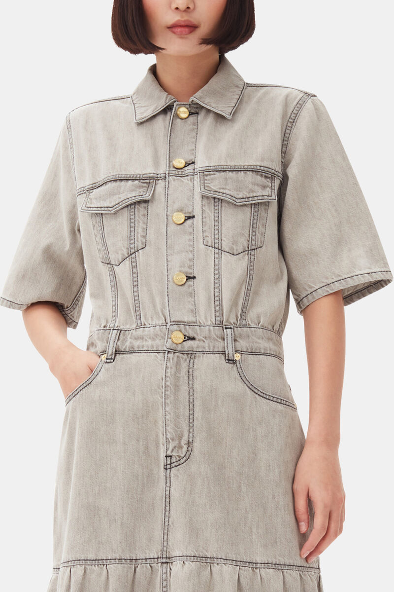 Grey Future Long Denim Dress, Organic Cotton, in colour Gray Quill - 2 - GANNI