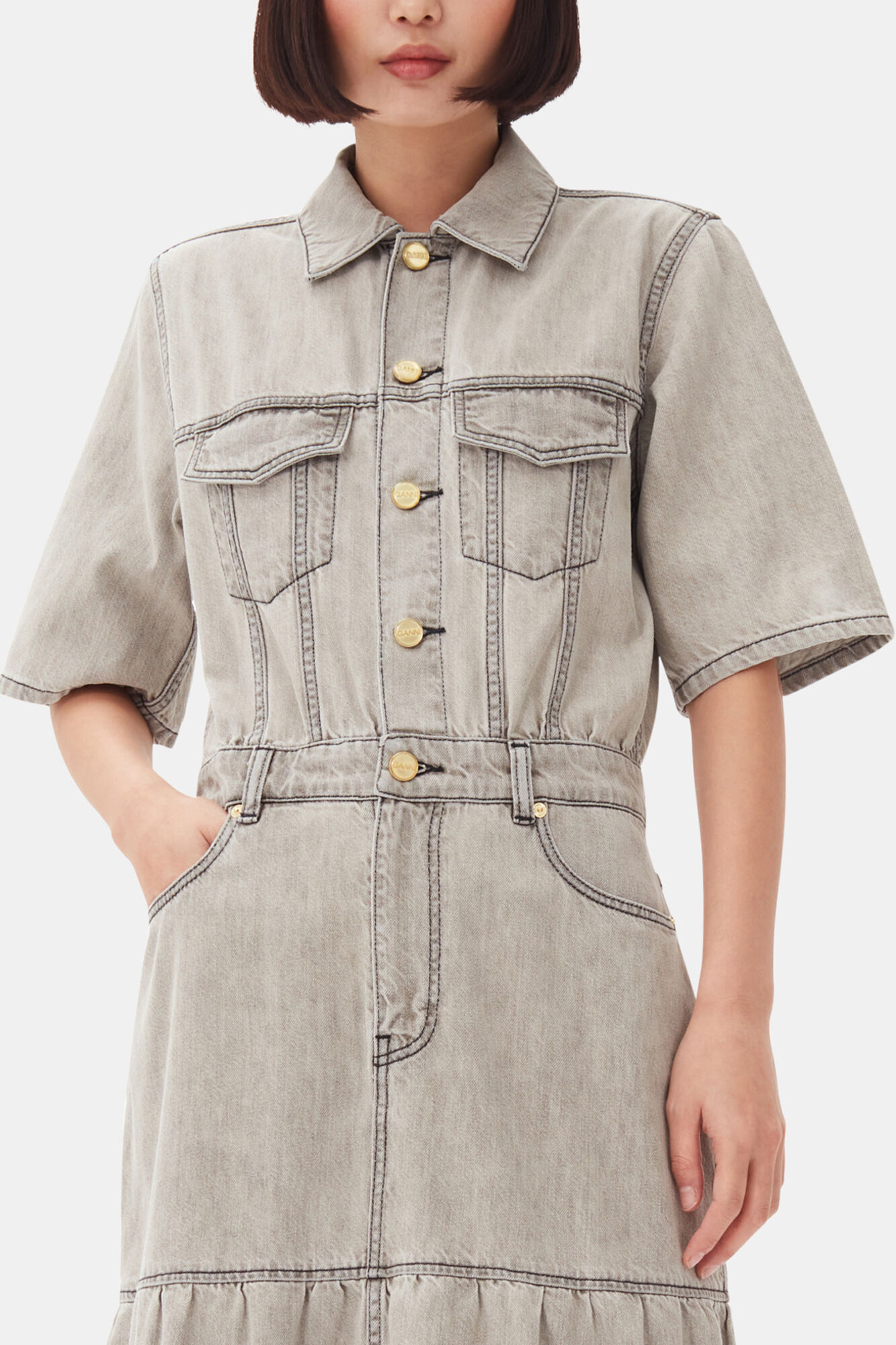 Grey Future Long Denim Dress, Organic Cotton, in colour Gray Quill - 2 - GANNI