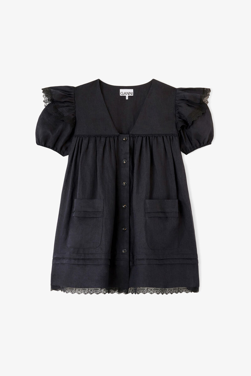 Mini Dress in Black Linen, Linen, in colour Black - 1 - GANNI