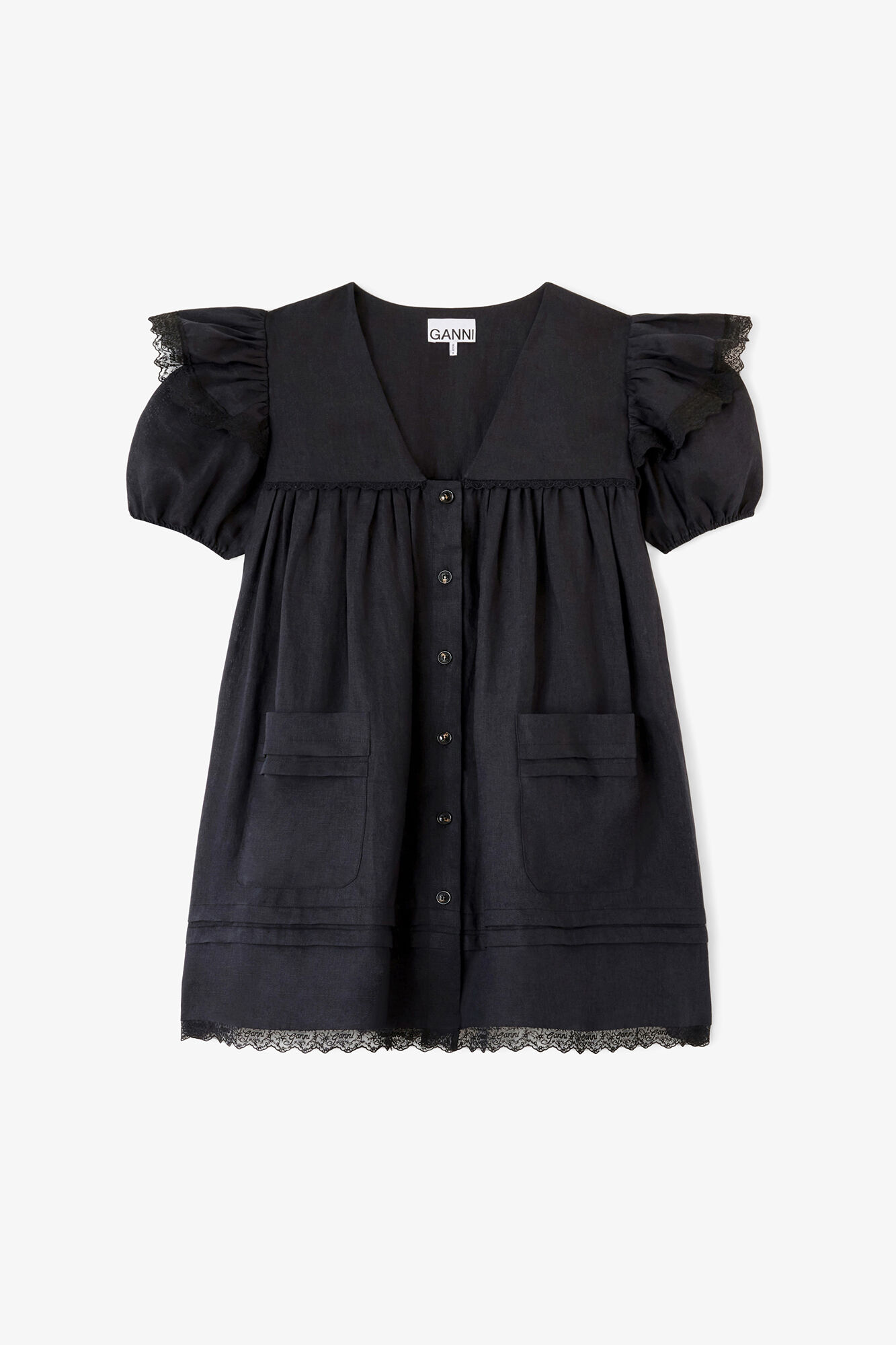 Mini Dress in Black Linen, Linen, in colour Black - 1 - GANNI