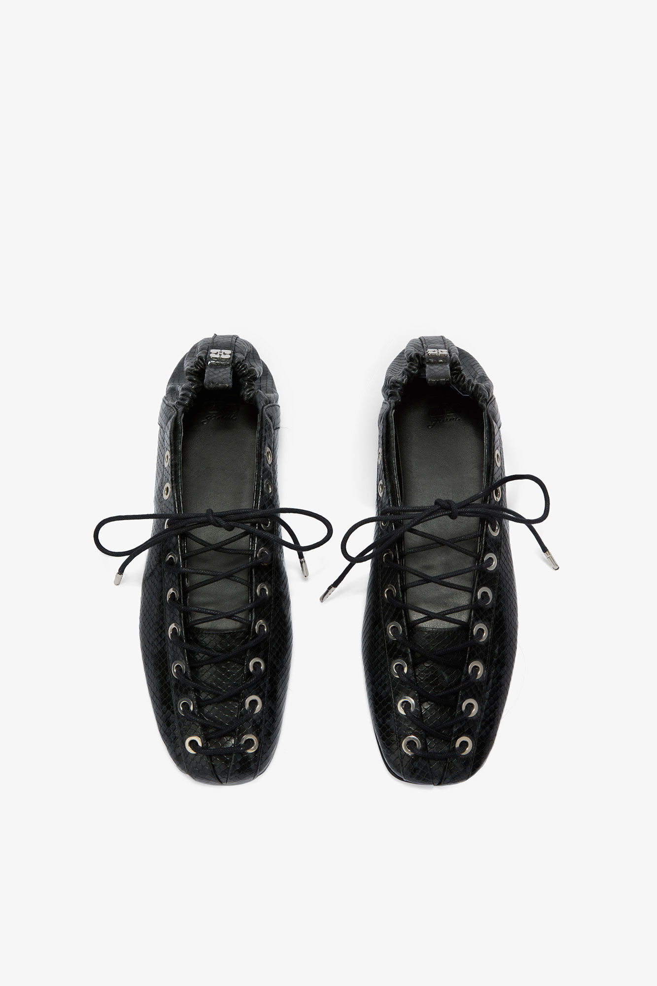 Lace-Up Ballerinas in Black Snake, Polyurethane, in colour Croco - 3 - GANNI