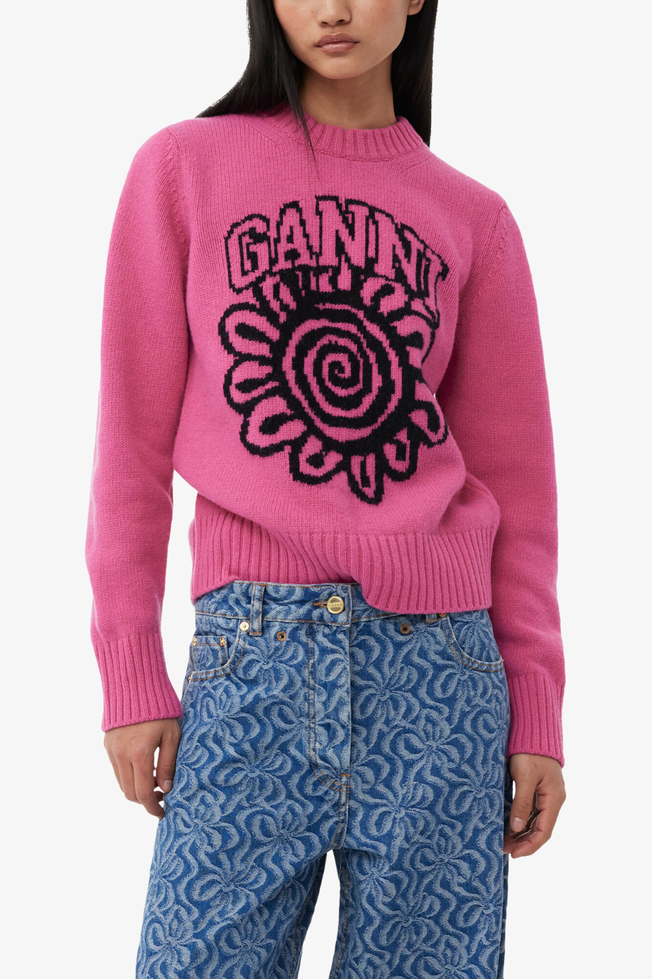 Pink Flower Graphic O-neck Pullover, Wool, in colour Cone Flower - 4 - GANNI