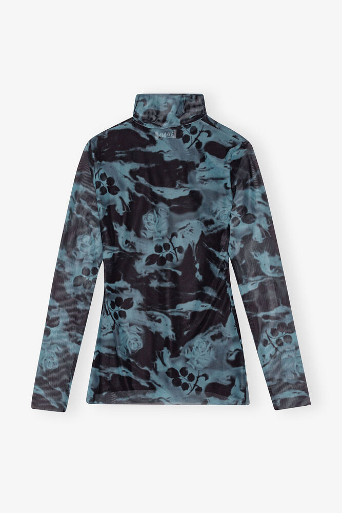 Blue Printed Mesh Long Sleeve polotröja, Blue Shadow