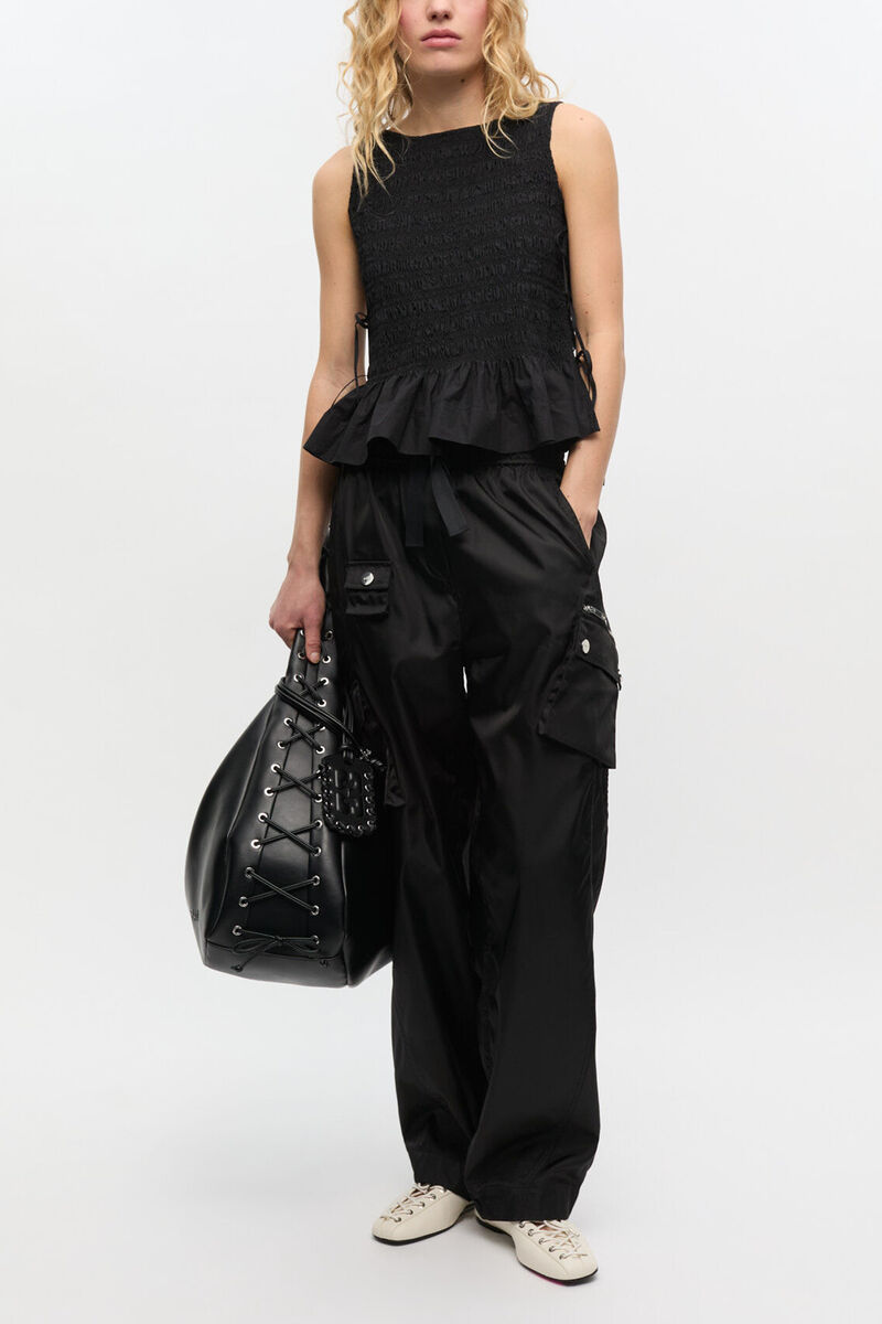 Black Cotton Smock Tie Top, Organic Cotton, in colour Black - 2 - GANNI