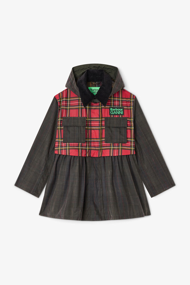 Peplum Wax Jacket in Tartan, Dark Green