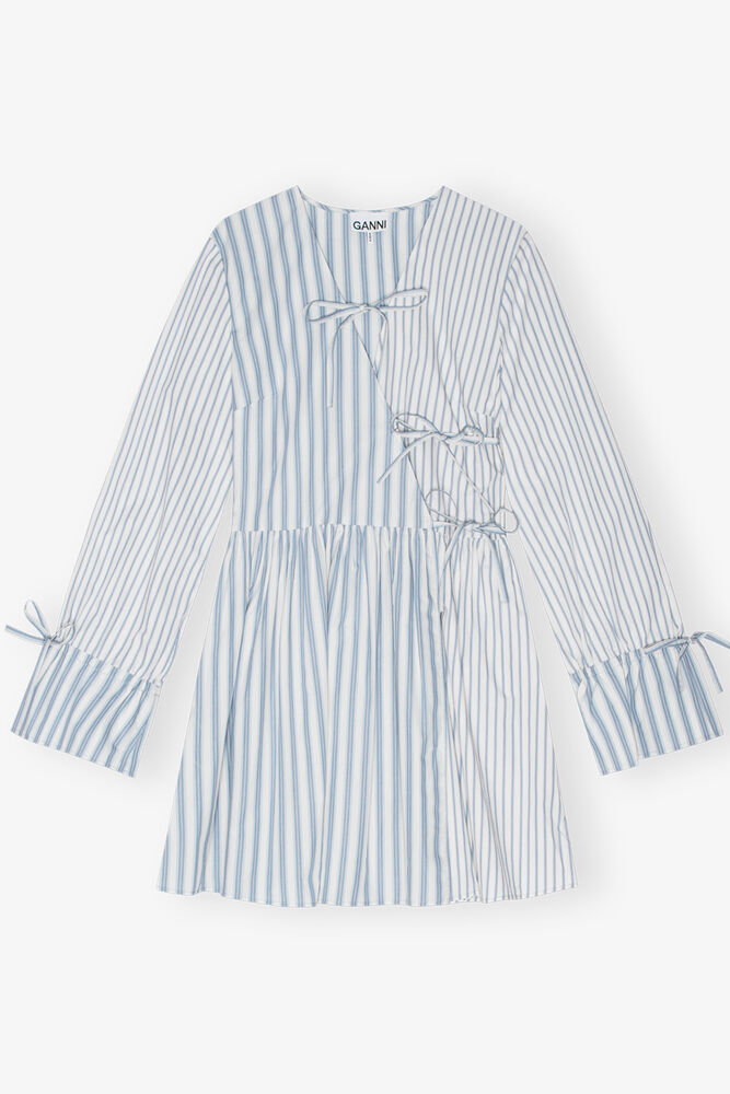 Blue Stripe Cotton Mini Wrap Dress, Egret