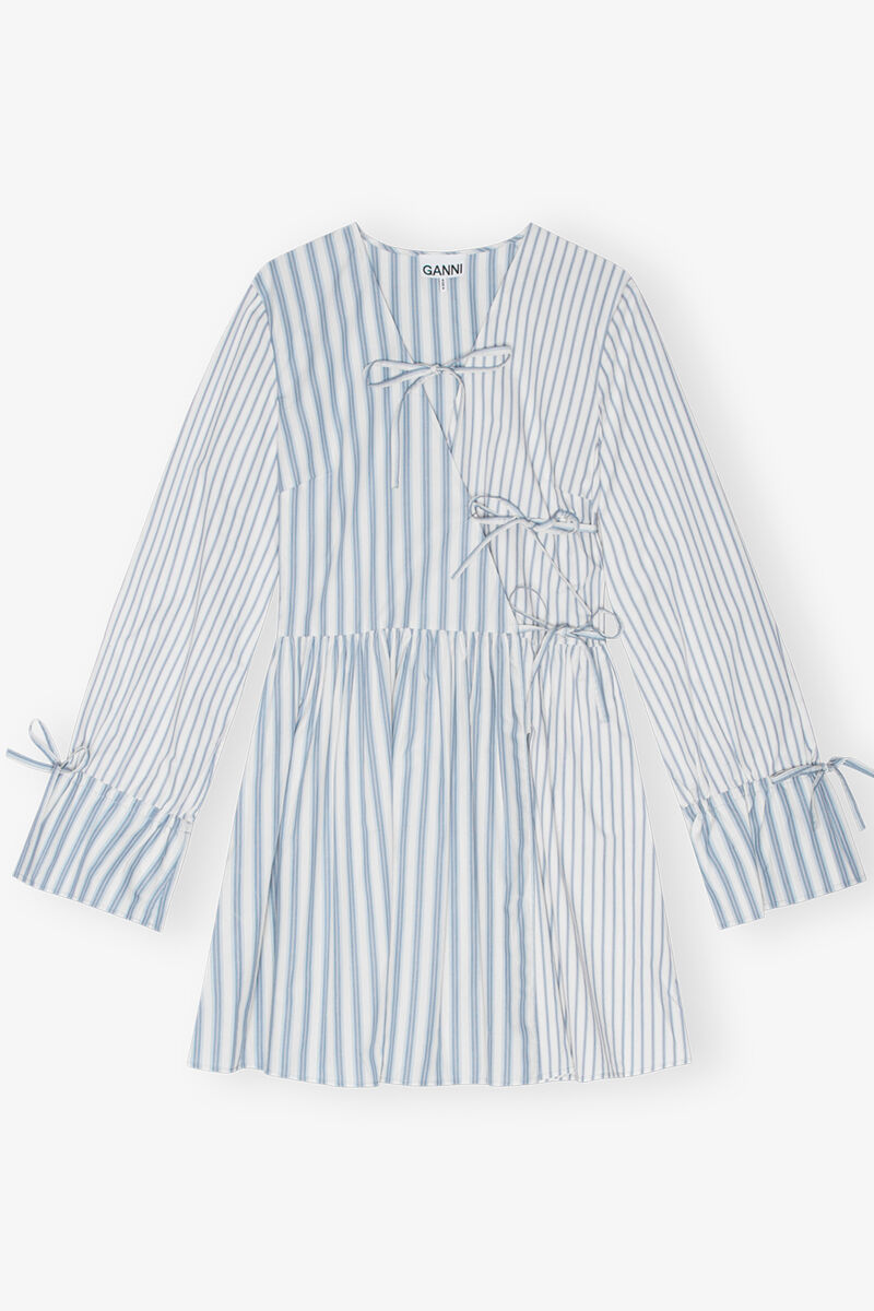 Blue Stripe Cotton Mini Wrap Dress, Cotton, in colour Egret - 1 - GANNI