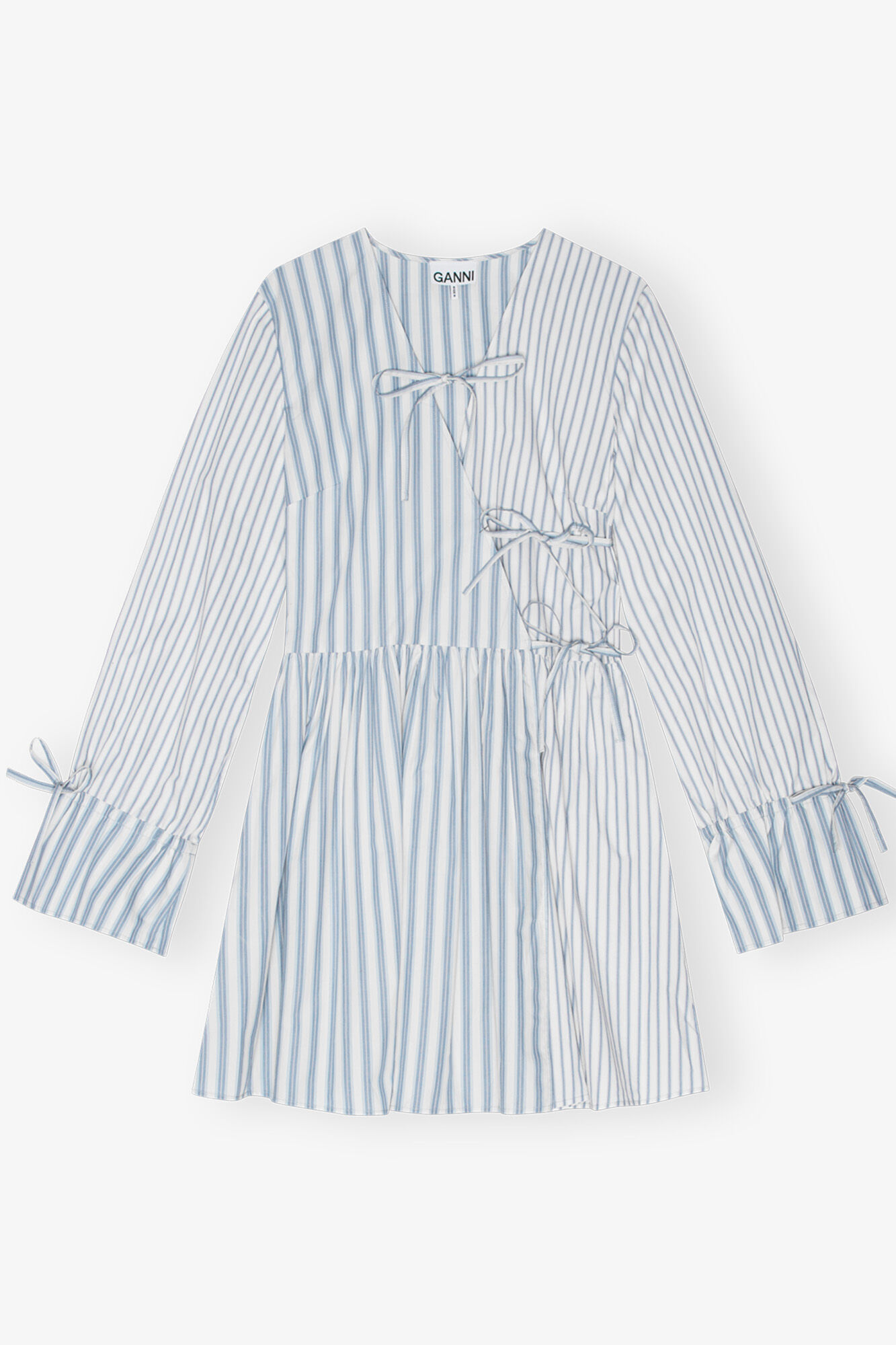 Blue Stripe Cotton Mini Wrap Dress, Cotton, in colour Egret - 1 - GANNI