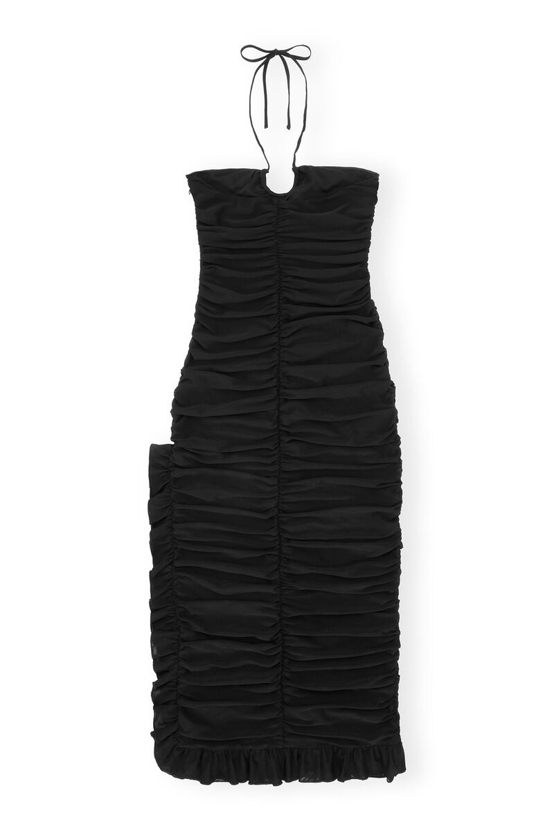 GANNI X ESTER MANAS Mesh Halterneck Gather Dress, Recycled Nylon, in colour Black - 2 - GANNI