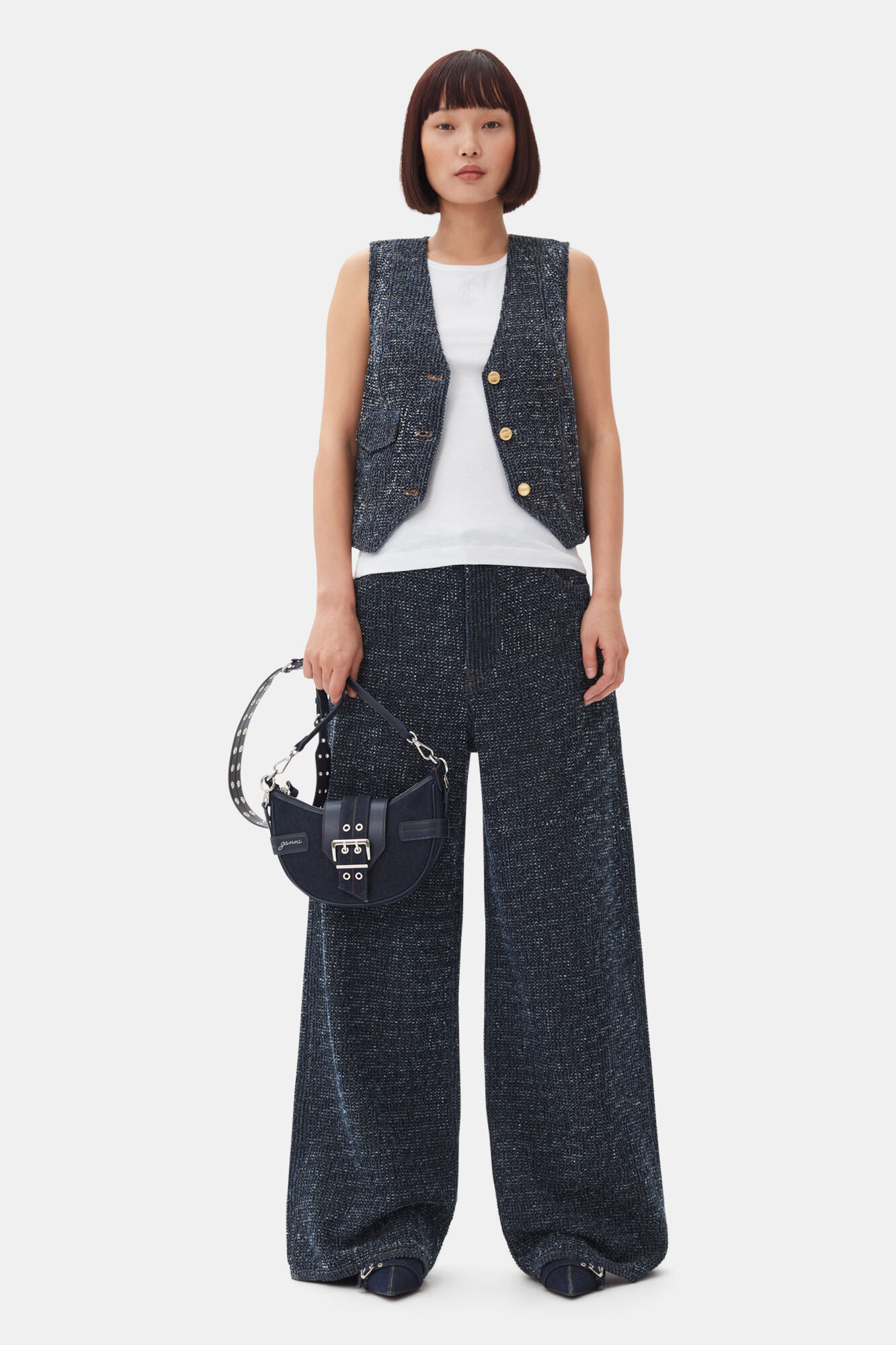 Dark Blue Textured Vest, Cotton, in colour Rinse - 2 - GANNI