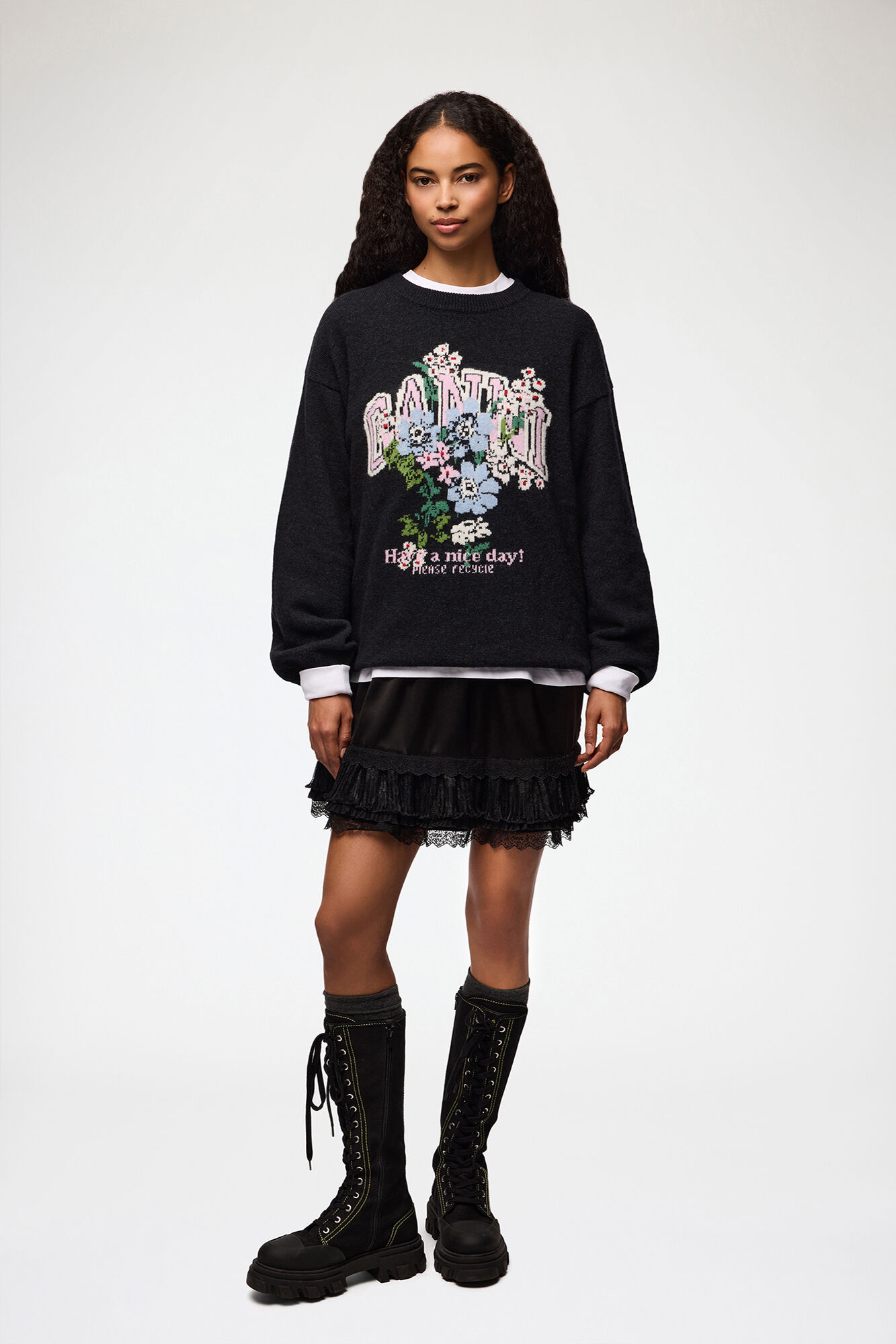 Oversized Jumper with Flowers, Wool, in colour Phantom - 2 - GANNI