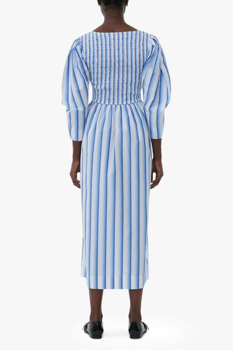 Blue Striped Cotton Smock Long Dress, Organic Cotton, in colour Silver Lake Blue - 4 - GANNI