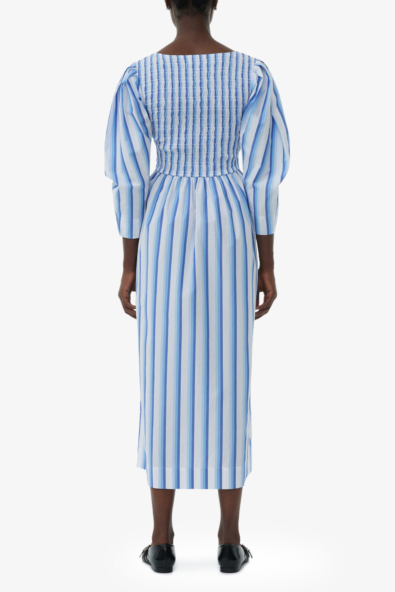 Blue Striped Cotton Smock Long Dress, Organic Cotton, in colour Silver Lake Blue - 4 - GANNI