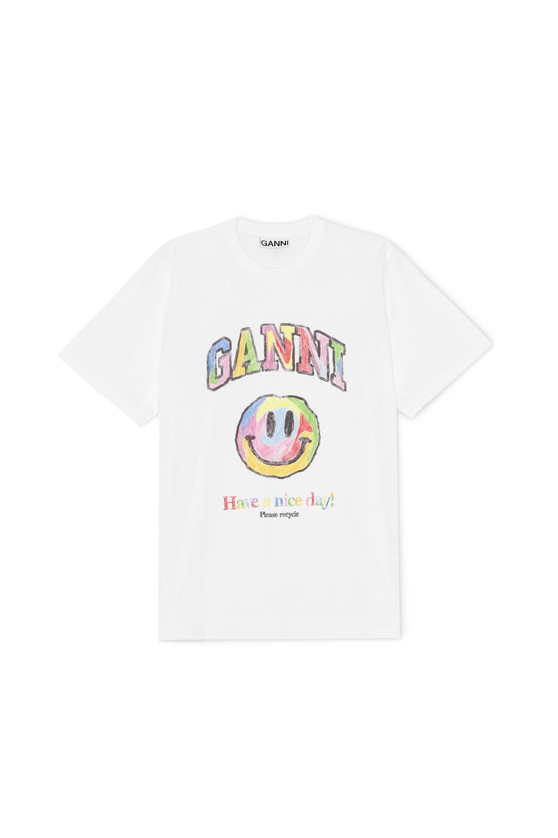 GANNI grafisk t-shirt med texten ”Have a nice day” och smiley, Cotton, in colour Bright White - 1 - GANNI