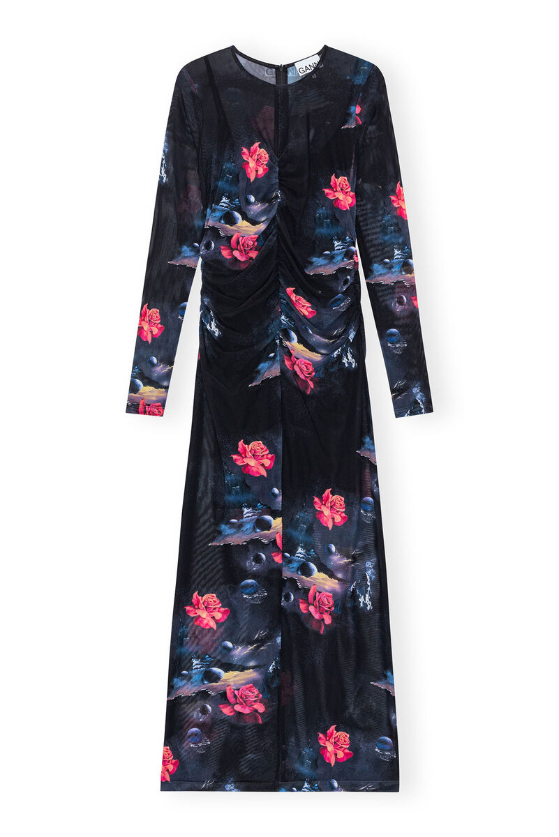 Black Printed Mesh O-neck Ruched Long Kleid | GANNI DE 