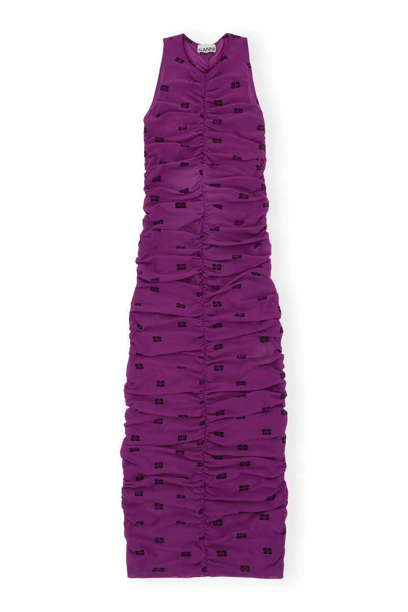 Printed Mesh Ruched Sleeveless Long Dress, Elastane, in colour Sparkling Grape - 1 - GANNI