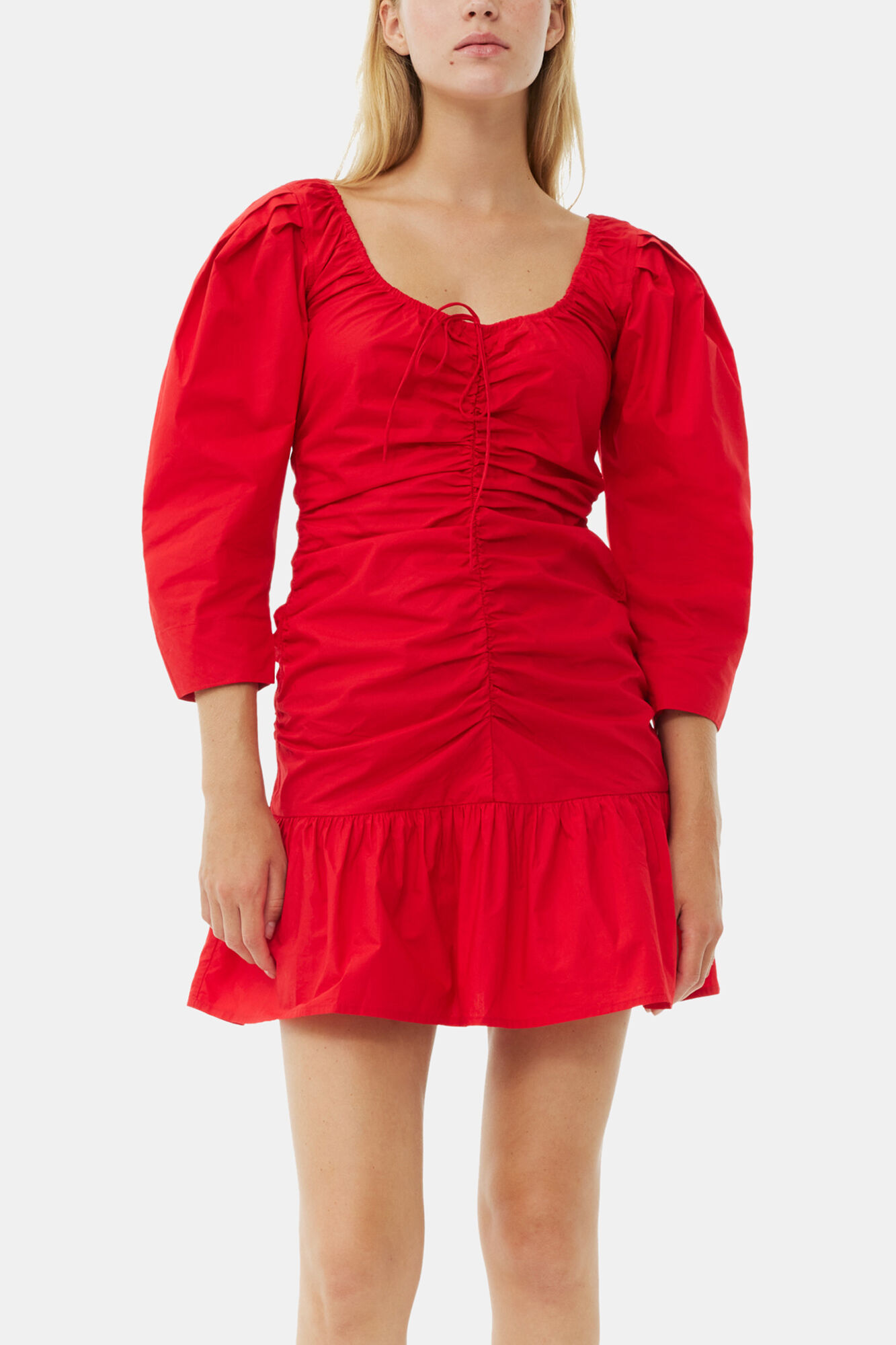 Red Cotton Poplin Gathered U-neck Mini Dress, Organic Cotton, in colour Racing Red - 2 - GANNI