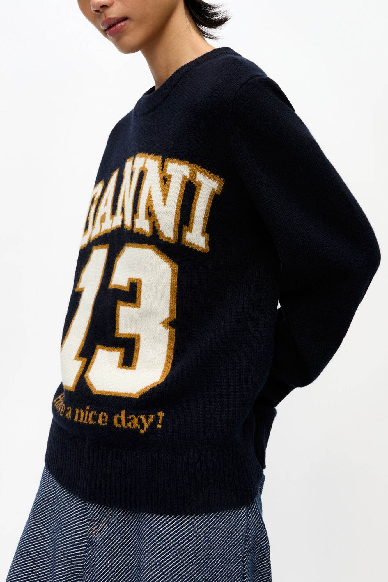 Dark Blue Graphic Wool Mix Baseball Sweater | GANNI US