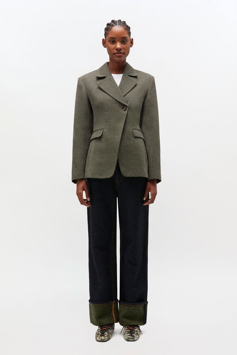 Green Mouline Blazer, Organic Cotton, in colour Forest Night - 1 - GANNI