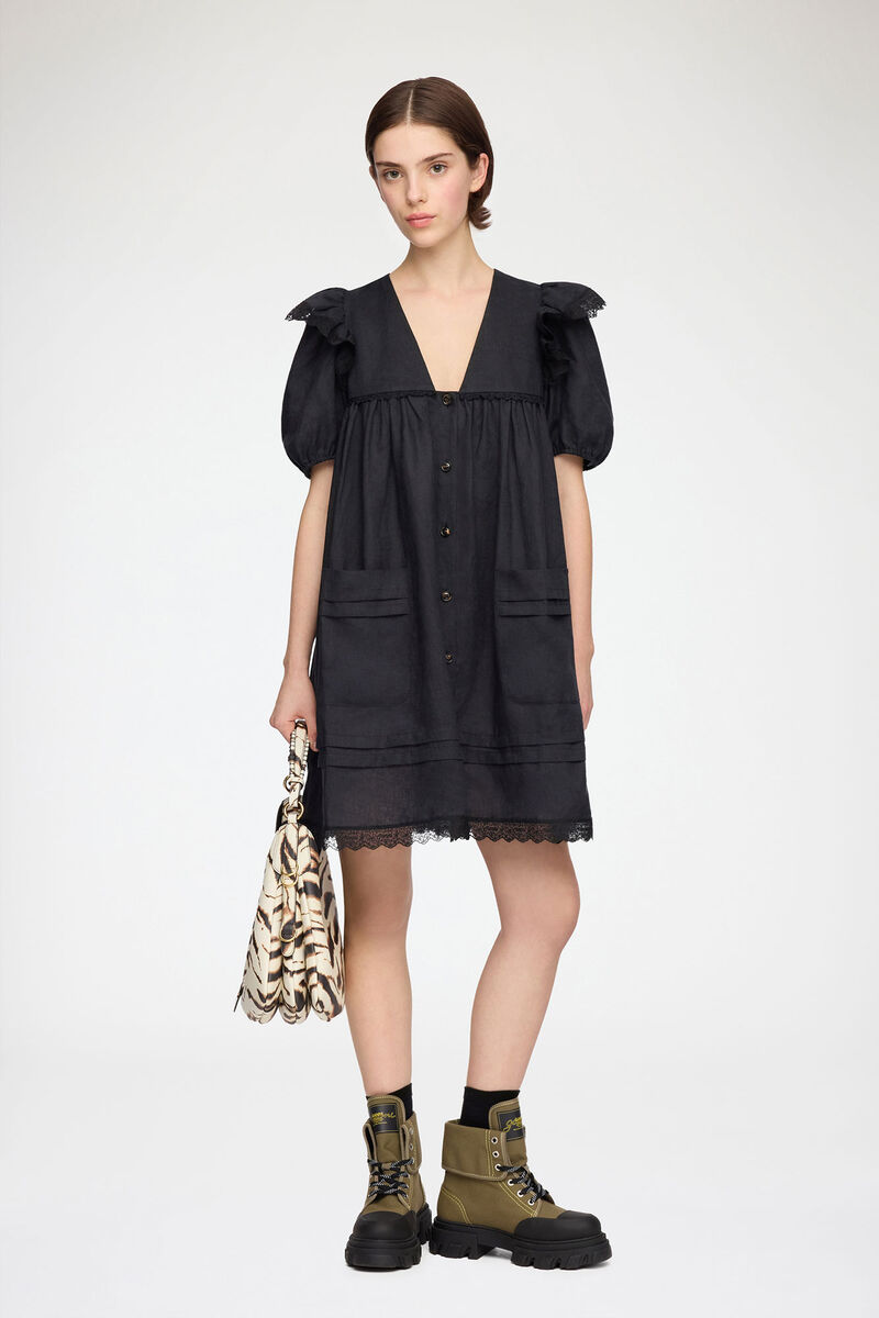 Mini Dress in Black Linen, Linen, in colour Black - 1 - GANNI