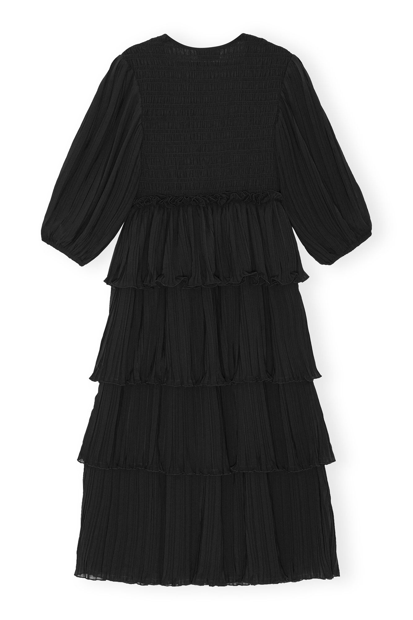Black Pleated Georgette Flounce Smock Midi Dress, Recycled Polyester, in colour Black - 2 - GANNI