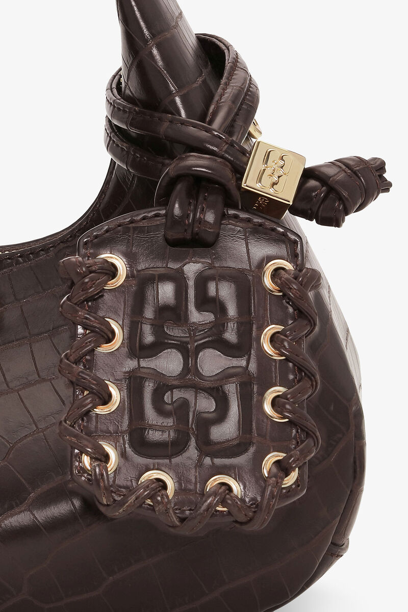 Brown Croco Mini Hobo Bag, Lyocell, in colour Chocolate Fondant - 10 - GANNI